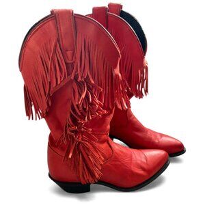 🤠RARE RED LEATHER FRINGE COWBOY BOOTS, 6.5, VINTAGE CAPEZIO